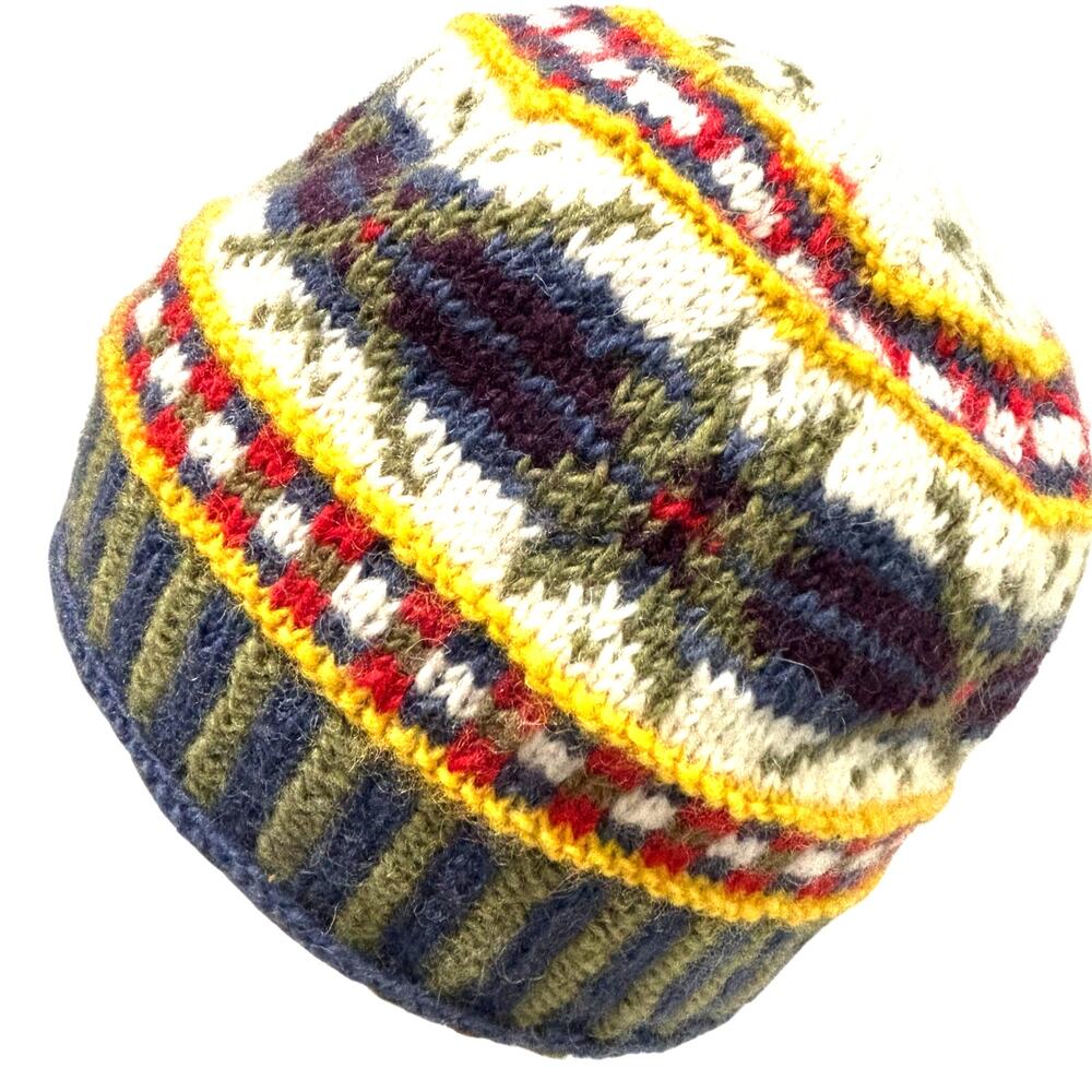 Fleece lined knit beanie cap hat 100% wool made in Nepal multi color unisex